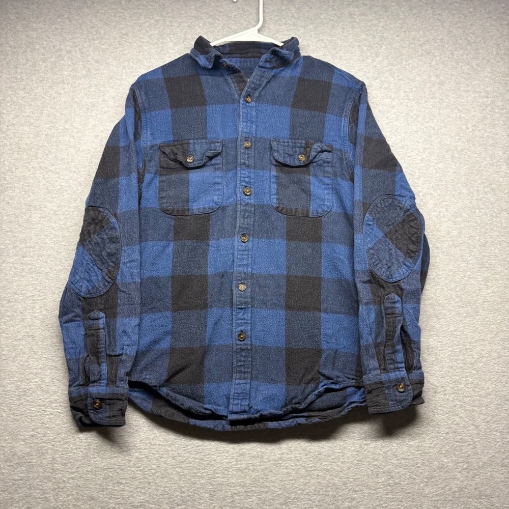 J.Crew Mens Small Blue Black Buffalo Plaid Flannel Shirt Elbow Patches Pocket
